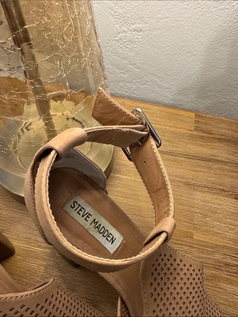 Steve Madden Tan Leather Perforated Ankle-Strap Block Heel Sandal